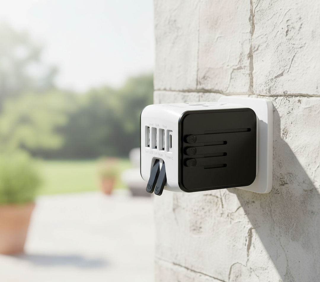 Kompakt universell reseadapter TravelGo med USB-C & USB-A för global laddning, perfekt för resenärer.