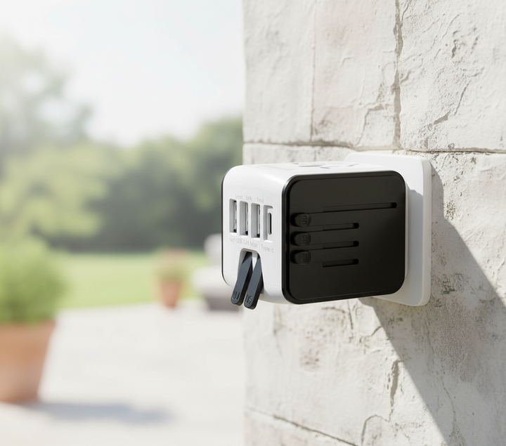 Kompakt universell reseadapter TravelGo med USB-C & USB-A för global laddning, perfekt för resenärer.