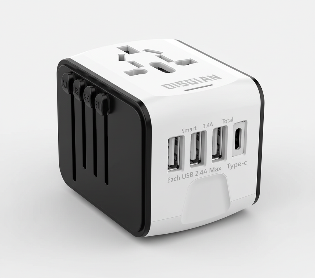 Reseadapter med USB-C, USB-A portar & överspänningsskydd för säker laddning av mobiler & elektronik.