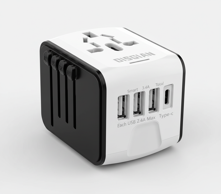 Reseadapter med USB-C, USB-A portar & överspänningsskydd för säker laddning av mobiler & elektronik.