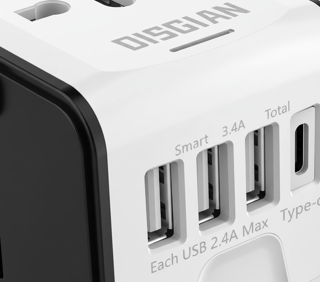 Svart universaladapter TravelGo för världsresor, med flera uttag och kompakt design för enkel packning.