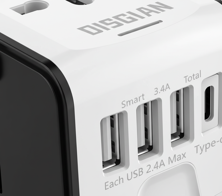 Svart universaladapter TravelGo för världsresor, med flera uttag och kompakt design för enkel packning.