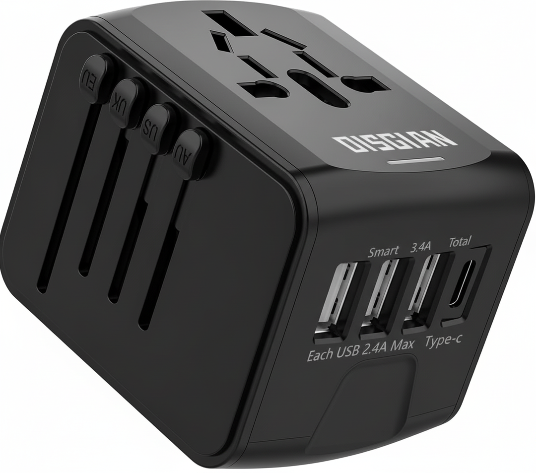 Ladda mobil & laptop globalt med denna mångsidiga USB-reseadapter. Ett måste för dina resor.