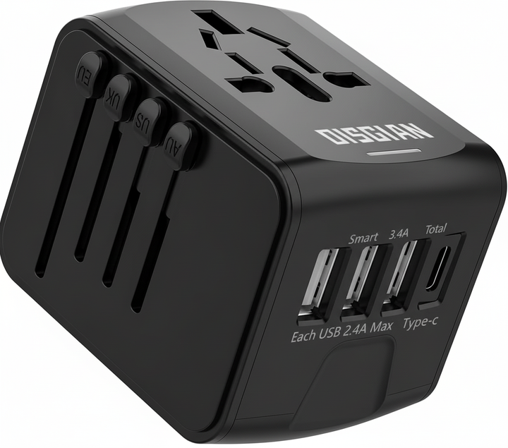Ladda mobil & laptop globalt med denna mångsidiga USB-reseadapter. Ett måste för dina resor.
