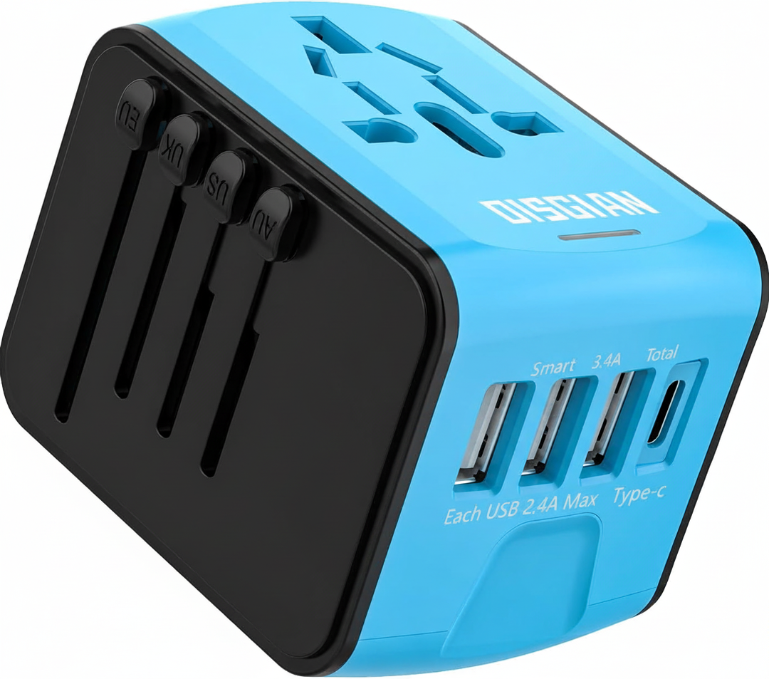 Global reseadapter med integrerade stickproppar för EU, US, UK, AU. Laddar effektivt med USB-C & USB-A.