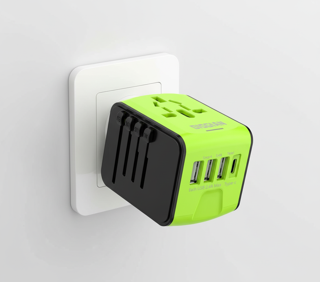 TravelGo universaladapter för säker och snabb laddning av alla dina enheter, oavsett land du besöker.