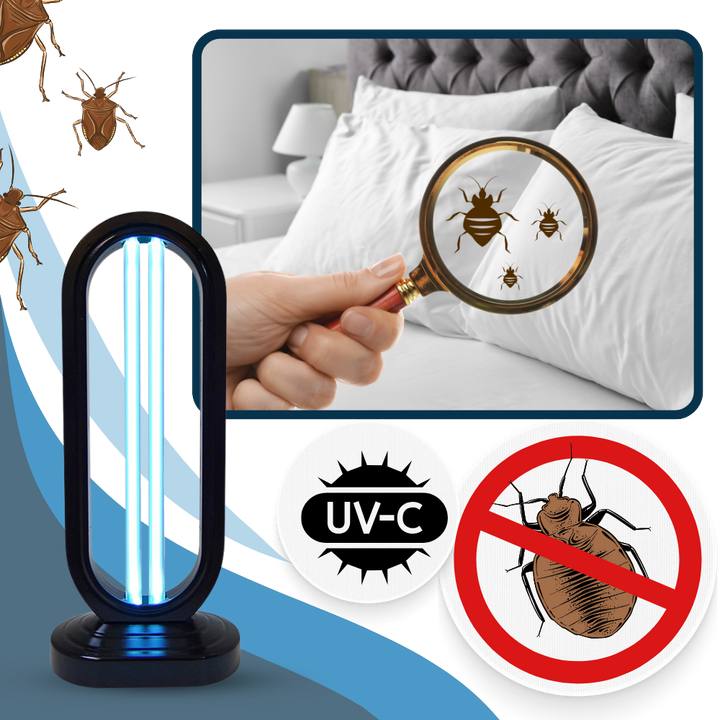 Bärbar UV-desinfektionslampa för resedesinfektion av hotellrum, ytor och personliga föremål.