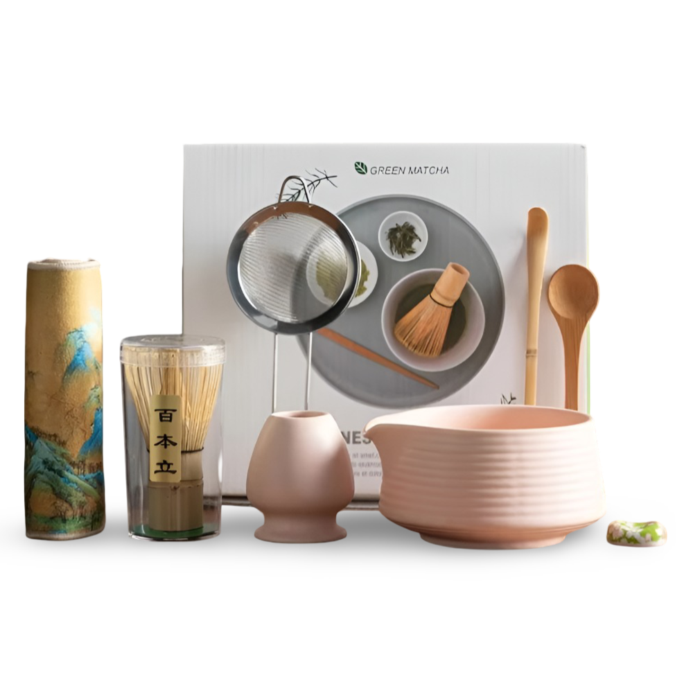 Autentiskt matcha-kit med skål och bambuvisp för att vispa perfekt matcha. Upplev äkta tekultur.
