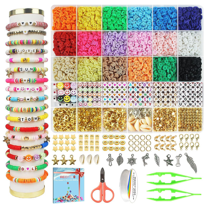 "Komplett DIY kit med 5520 färgglada polymerlerpärlor och verktyg för armbandstillverkning, för vuxna och barn."