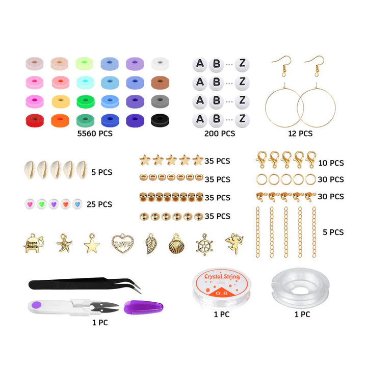 "Komplett DIY kit med 5520 färgglada polymerlerpärlor och verktyg för armbandstillverkning, för vuxna och barn."