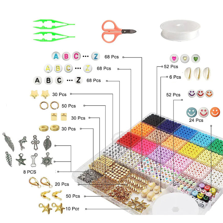 "Komplett DIY kit med 5520 färgglada polymerlerpärlor och verktyg för armbandstillverkning, för vuxna och barn."