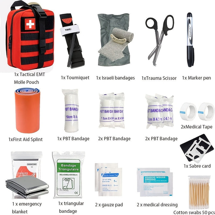 Överlevnadskit för äventyr, komplett med första hjälpen och tryckförband. Essential för outdoor säkerhet.