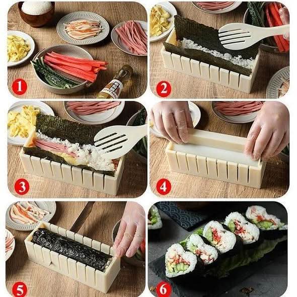 Vänner gör sushi tillsammans med sushikitet. Rolig DIY matlagning, japansk middag och en social aktivitet hemma.