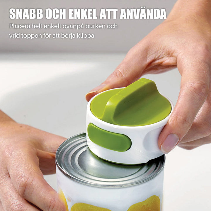 "Konservöppnare i rostfritt stål med ergonomiskt halkfritt handtag för säker och enkel öppning av burkar och flaskor."