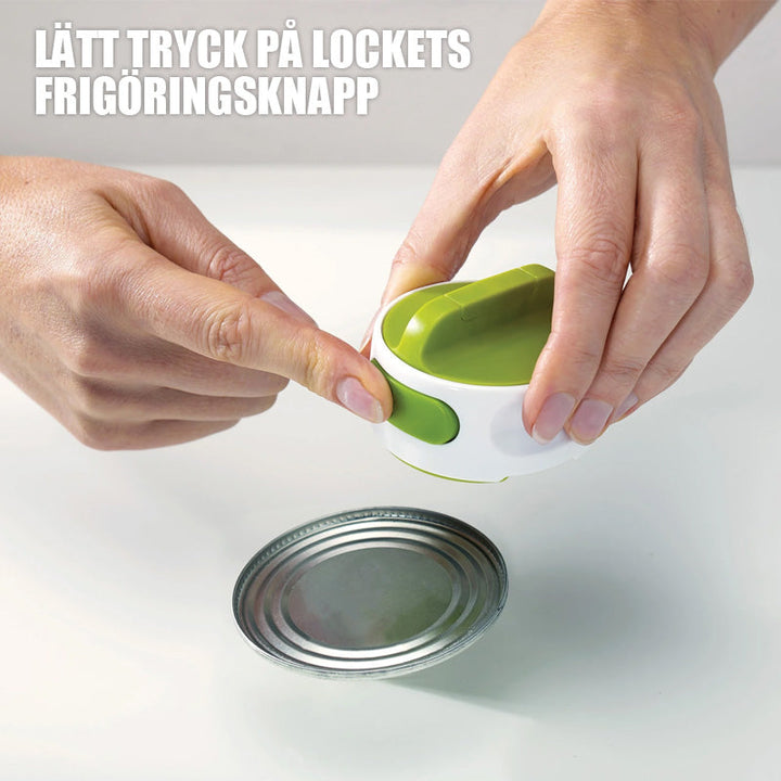 "Konservöppnare i rostfritt stål med ergonomiskt halkfritt handtag för säker och enkel öppning av burkar och flaskor."