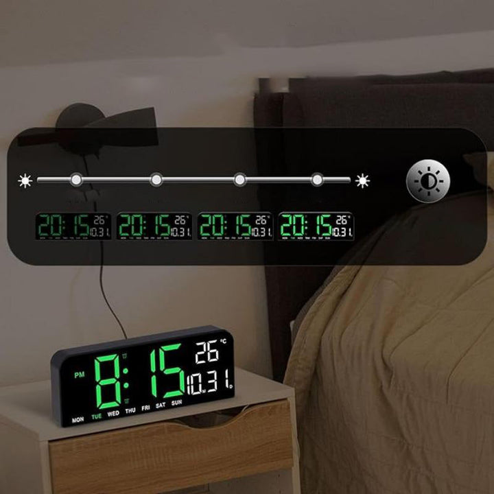 "Könsneutral LED väckarklocka med stor HD-skärm, stilren design och multifunktionell display."