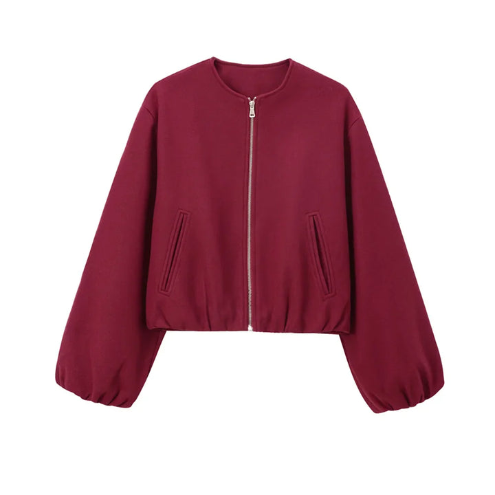 Kort bomberjacka för dam, perfekt för sommar, ledig passform. Stilren kraglös damjacka.