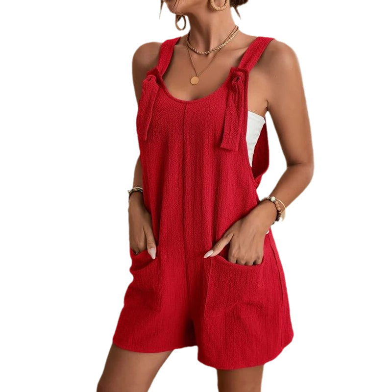 "Korta jumpsuits för kvinnor, avslappnad u-hals, justerbara remmar, vida ben, olika färger, bekväm stil för sommaren."