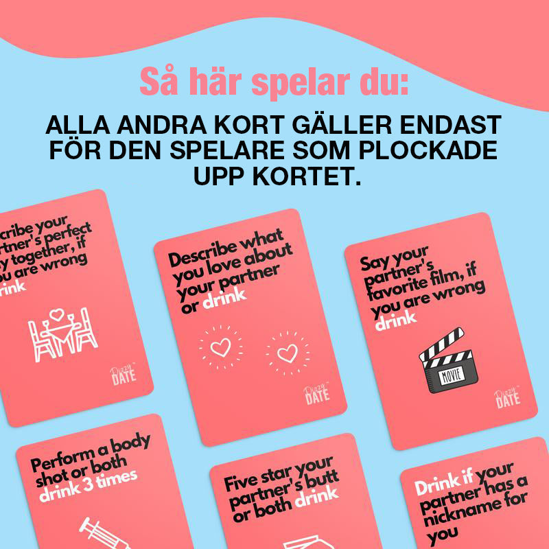 "Kortspel Dizzy Date för par, 100 humoristiska kort, uppställda i stapel. Perfekt för rolig dejtkväll."