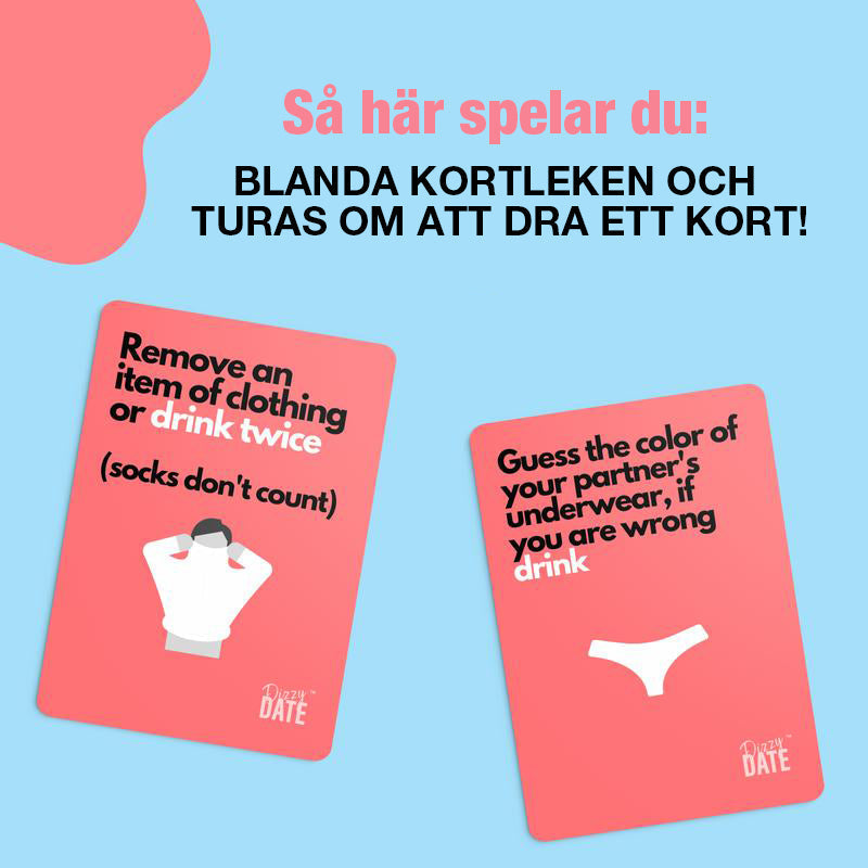 "Kortspel Dizzy Date för par, 100 humoristiska kort, uppställda i stapel. Perfekt för rolig dejtkväll."