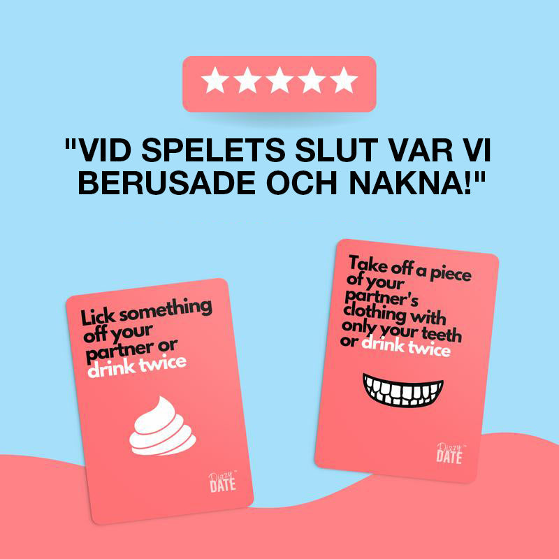 "Kortspel Dizzy Date för par, 100 humoristiska kort, uppställda i stapel. Perfekt för rolig dejtkväll."