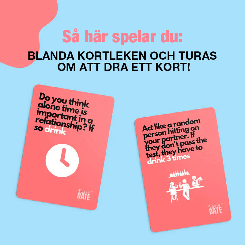 "Kortspel Dizzy Date för par, 100 humoristiska kort, uppställda i stapel. Perfekt för rolig dejtkväll."