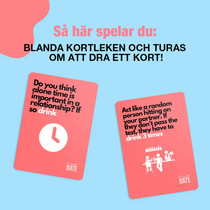 "Kortspel Dizzy Date för par, 100 humoristiska kort, uppställda i stapel. Perfekt för rolig dejtkväll."