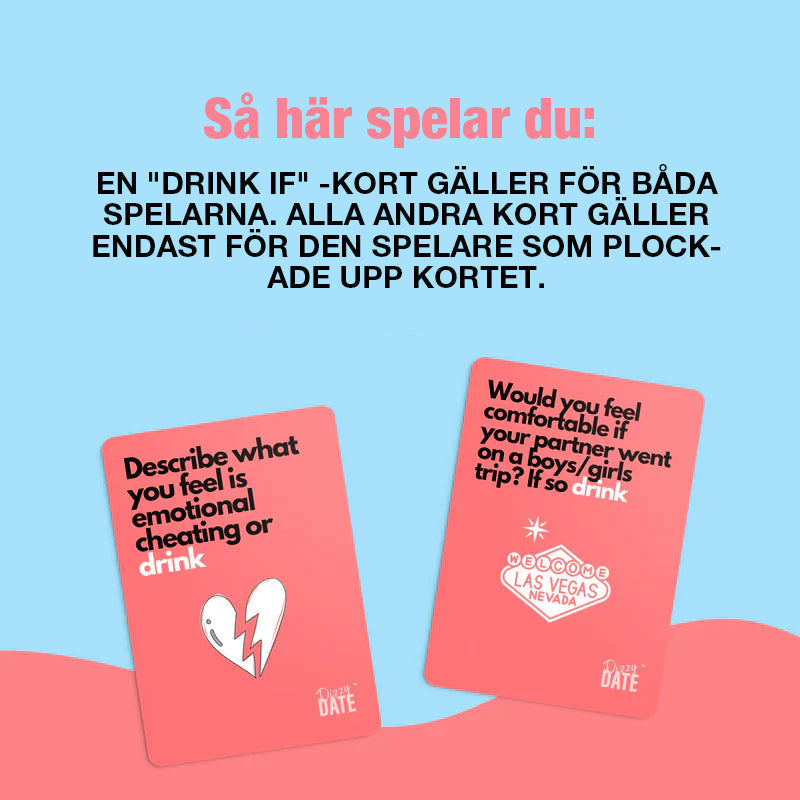 "Kortspel Dizzy Date för par, 100 humoristiska kort, uppställda i stapel. Perfekt för rolig dejtkväll."