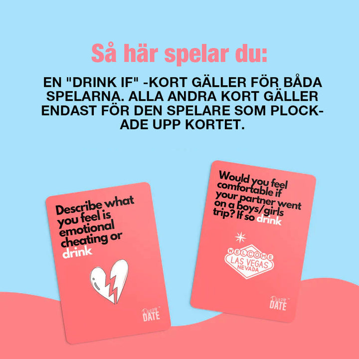 "Kortspel Dizzy Date för par, 100 humoristiska kort, uppställda i stapel. Perfekt för rolig dejtkväll."