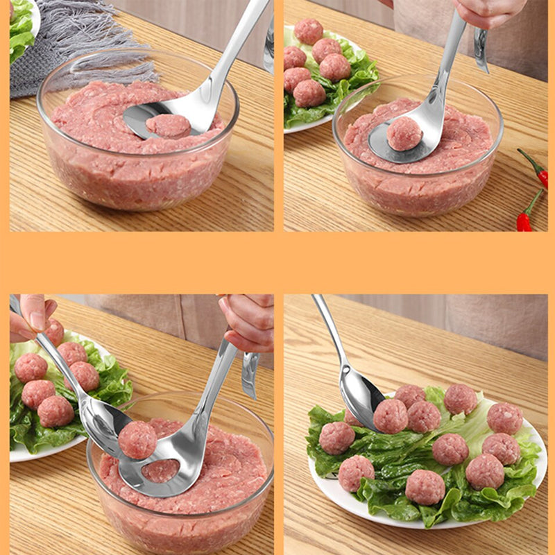 "Köttbullssked av rostfritt stål, silverfärgad, med ergonomiskt handtag och håldesign, perfekt för köttbullsformning."
