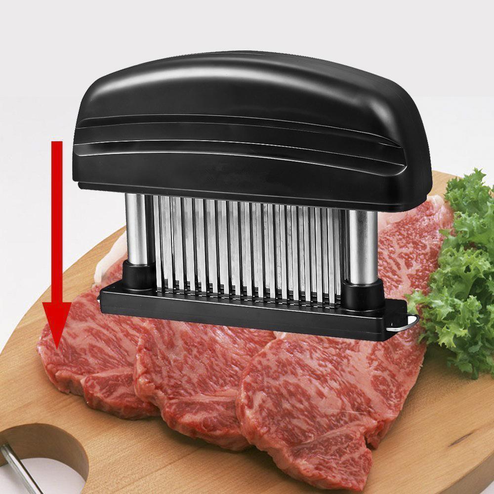 "Köttmörare med rostfria stålblad, halkfritt ABS-handtag, för effektiv köksanvändning. Stilren och hållbar design."