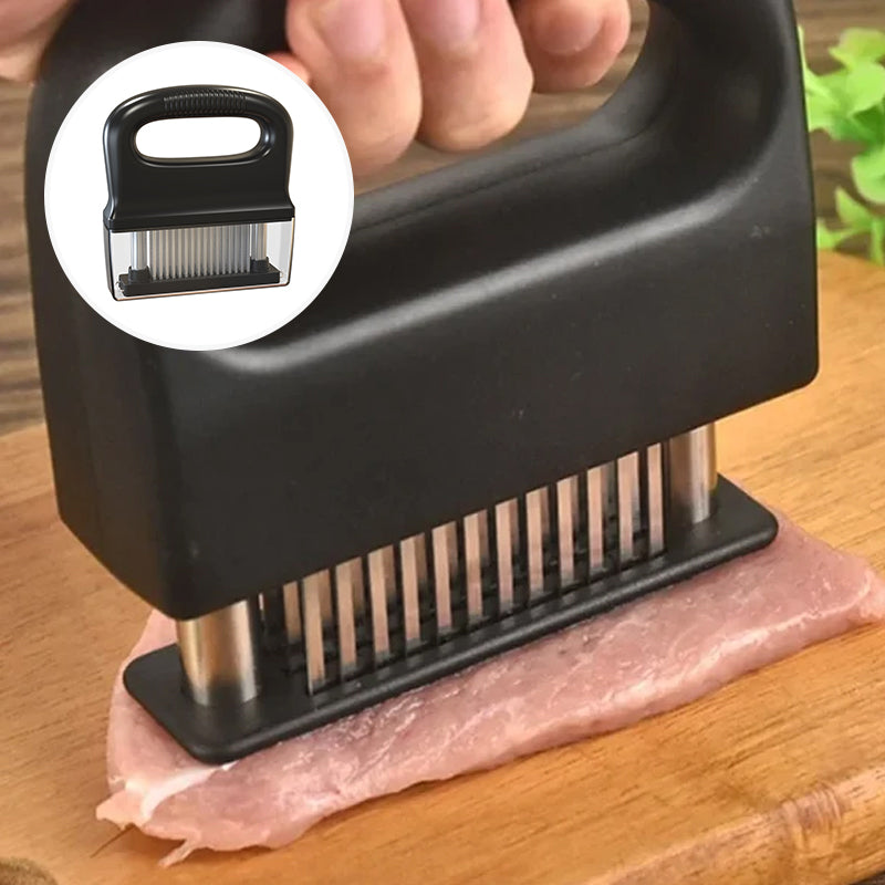 "Kötttenderare med 48 vassa rostfria stålblad, svart handtag, idealisk för snabb och djup marinering, köksredskap."