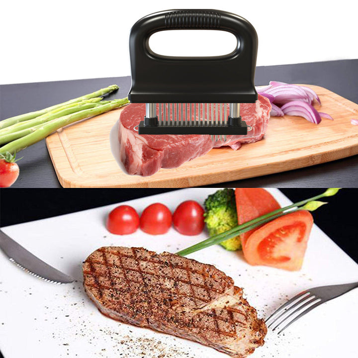 "Kötttenderare med 48 vassa rostfria stålblad, svart handtag, idealisk för snabb och djup marinering, köksredskap."