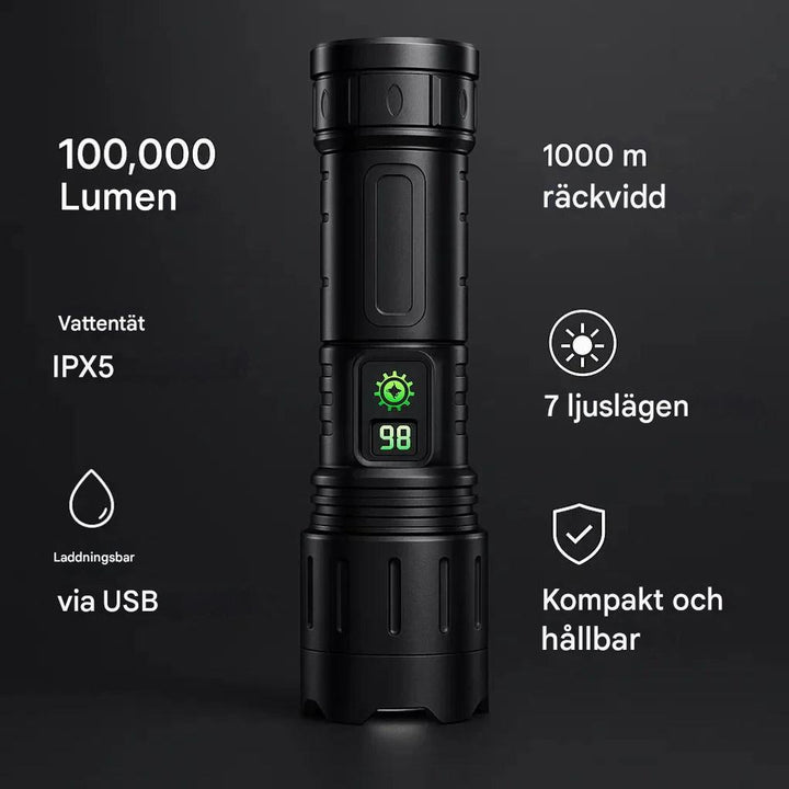 Vattentålig och kraftfull 100 000 lumen ficklampa, oumbärlig för alla utomhusaktiviteter.