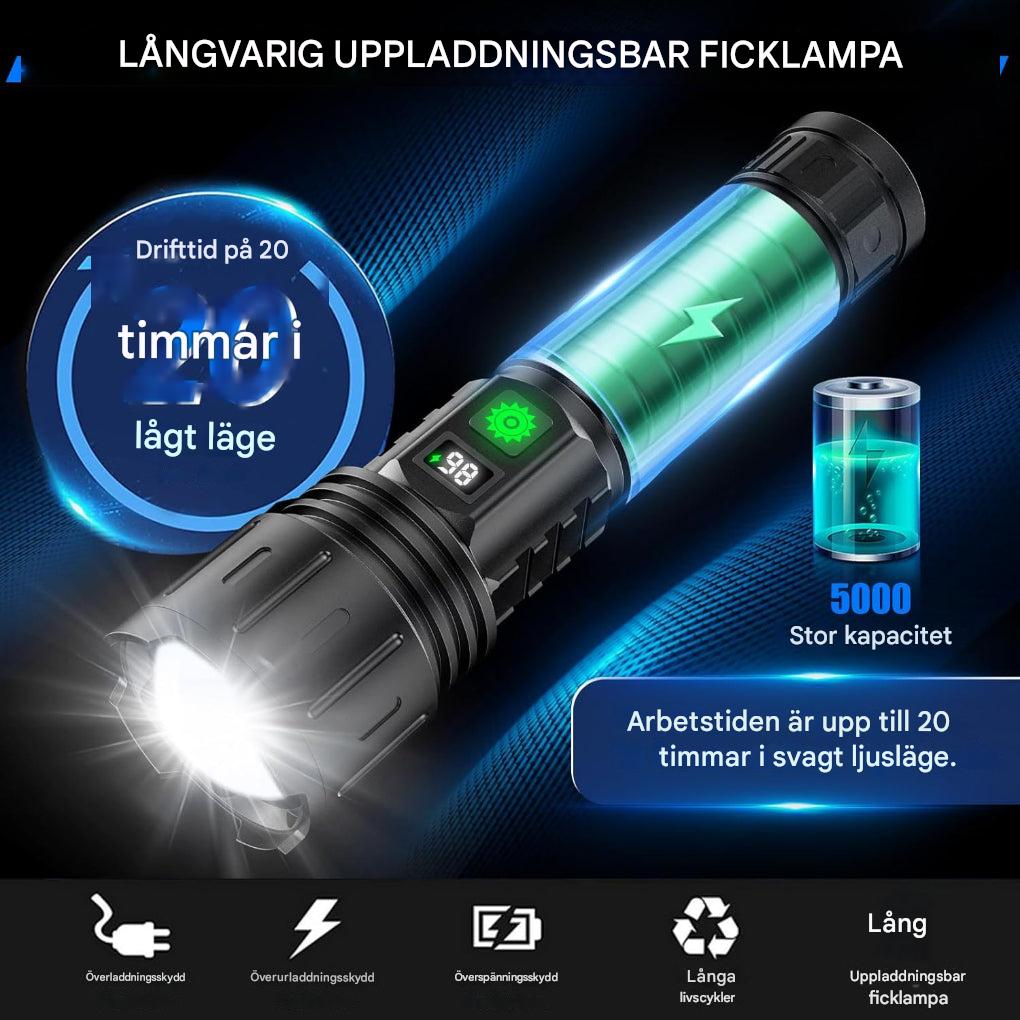 Optimal sikt med 100 000 lumen ficklampa, perfekt för nattvandring och utforskning.