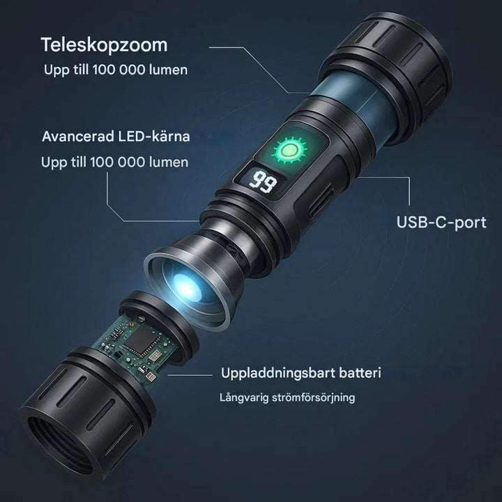 Ficklampa 100 000 lumen: Kraftig, vattentålig belysning för äventyrare och friluftsliv.