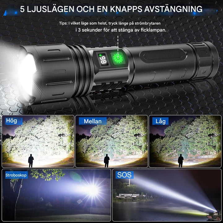 Robust 100 000 lumen ficklampa för äventyr, camping och maximal sikt i alla väder.