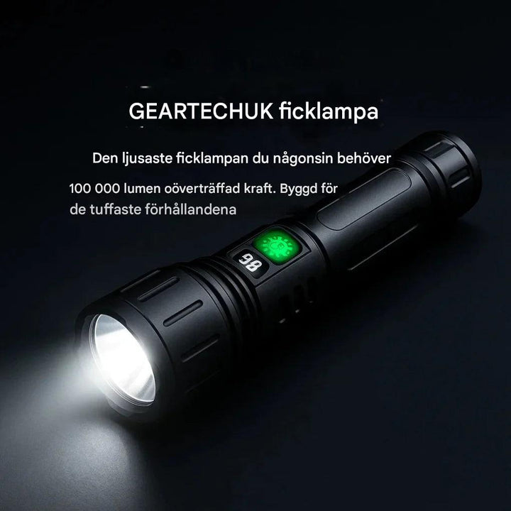 Kraftfullaste ficklampan, 100 000 lumen, uppladdningsbar för långa utomhus expeditioner.