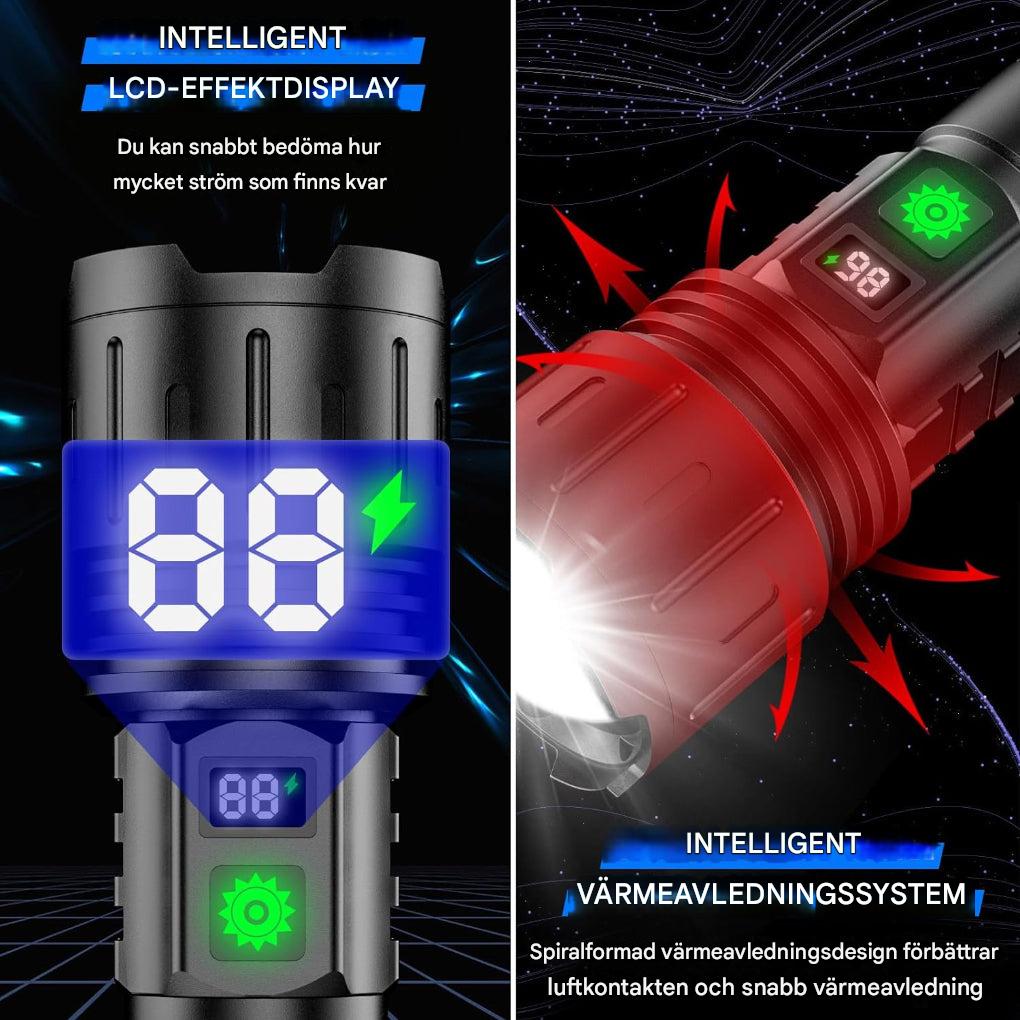 Premium LED ficklampa, 100 000 lumen, vattentålig design för krävande friluftsliv.