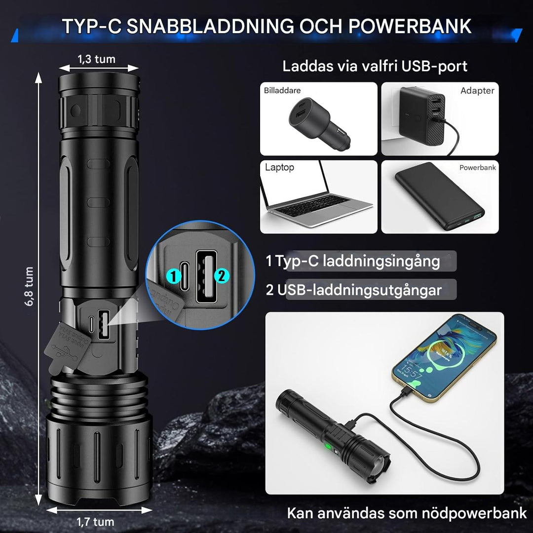 Taktisk 100 000 lumen ficklampa, perfekt för säkerhet, räddning och mörkerseende.