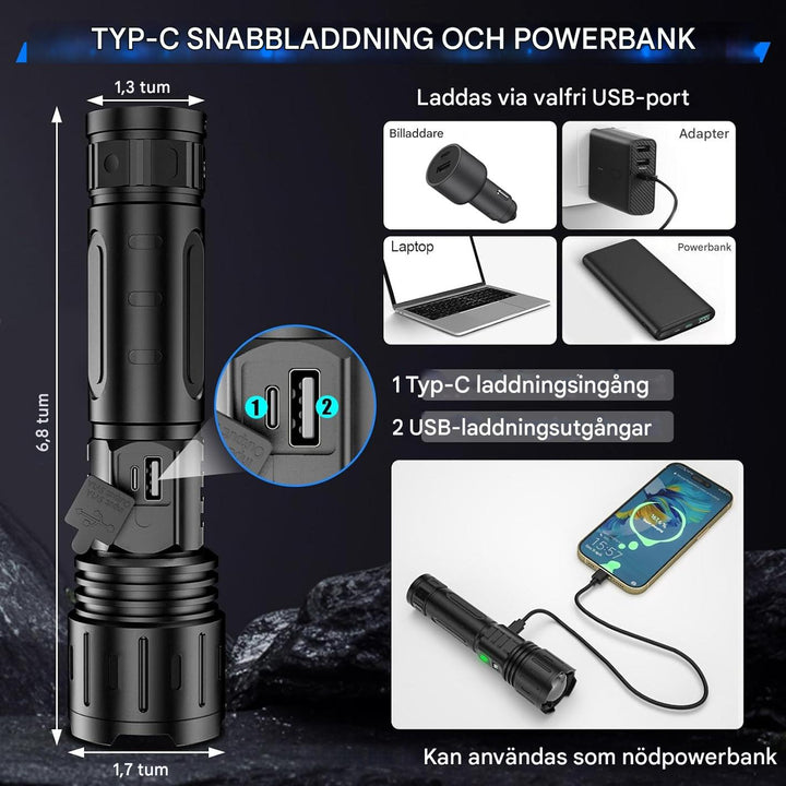 Taktisk 100 000 lumen ficklampa, perfekt för säkerhet, räddning och mörkerseende.