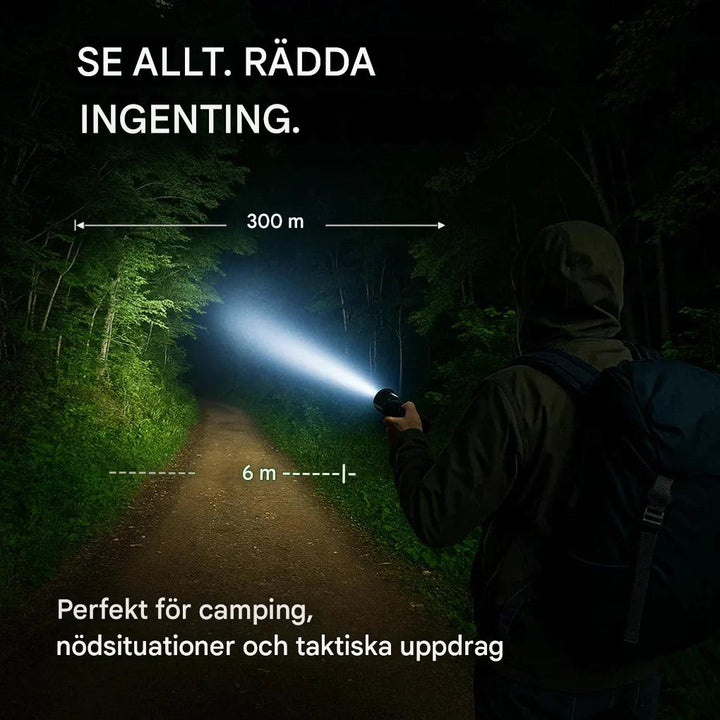 Ultrakraftfull 100 000 lumen ficklampa med lång räckvidd för professionell belysning.