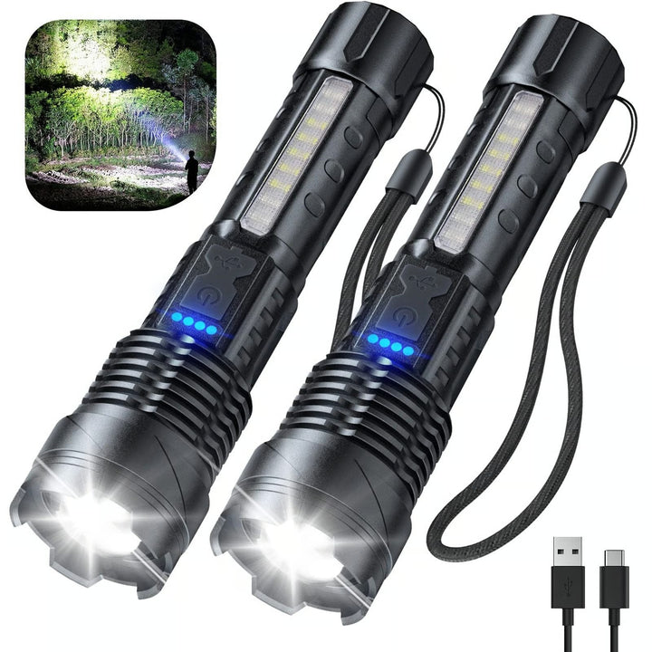 Kraftfull LED-ficklampa med skarpt laserljus, perfekt för utomhusbruk och camping.