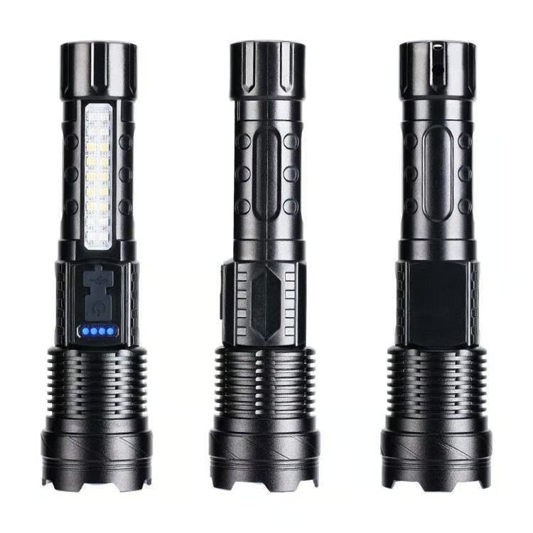 Mångsidig LED-ficklampa för utomhusbruk, med COB-sidor och laserpekare.
