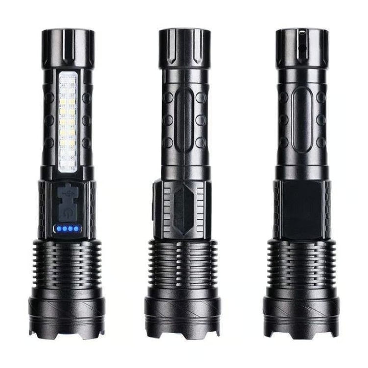Mångsidig LED-ficklampa för utomhusbruk, med COB-sidor och laserpekare.