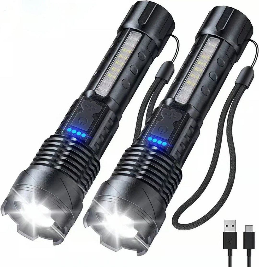 Kompakt nödlampa med kraftfull LED-strålkastare, laser och rött COB-varningsljus.