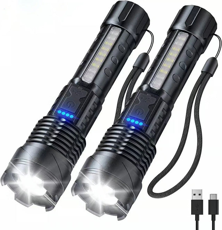 Kompakt nödlampa med kraftfull LED-strålkastare, laser och rött COB-varningsljus.