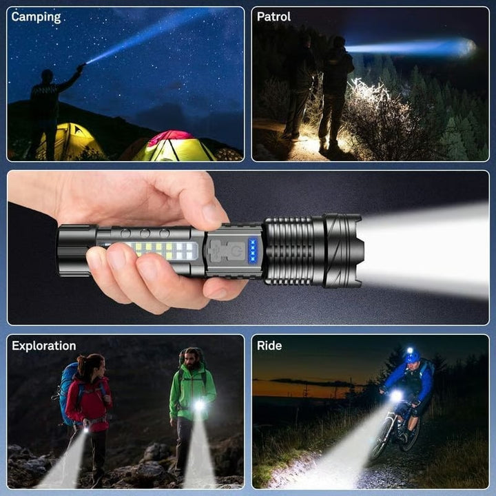 LED-ficklampa i handen som visar den ljusstarka strålen och laserpunkten.