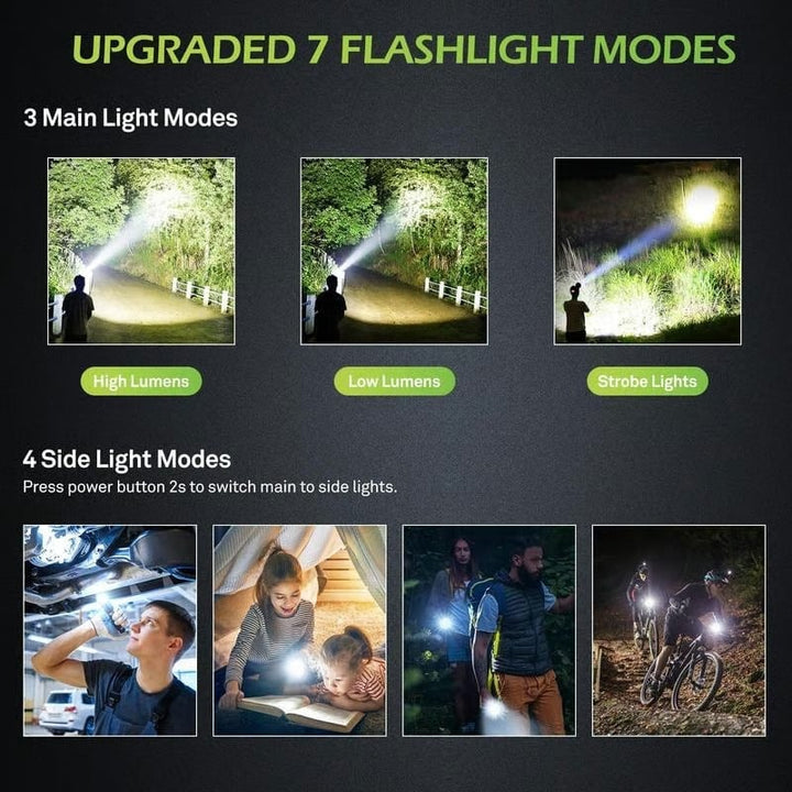 COB-varningsljuset på en LED-ficklampa aktiverat, perfekt för camping och nödsituationer.