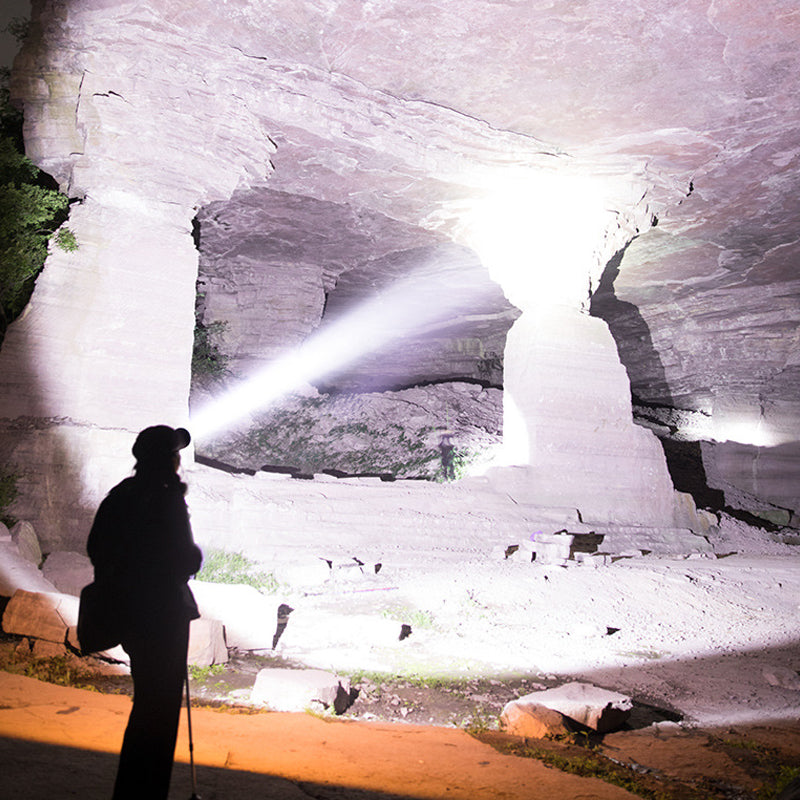 "Kraftfull LED pannlampa med justerbar rem, visad framifrån, vattentät och ergonomisk design för nattaktiviteter."